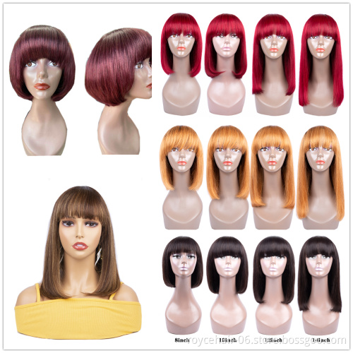 Free Sample Brazilian Virgin Remy Human Hair Silky Straight Natural Black Short Bob Wigs with Bangs for Black Women